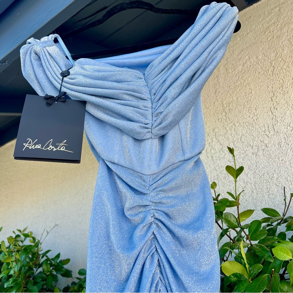 Rhea Costa Ruched Glitter Jersey Gown Light Blue Maxi Dress XS 38 Fits Small NWT - Picture 9 of 9